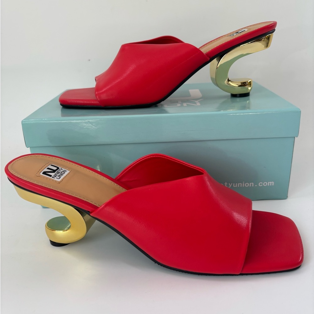 NU OOTD Red Leather Open-Toe Mule with Sculpted Gold Heel